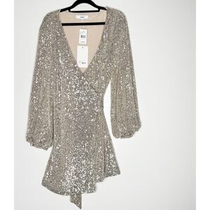 NEW Likely Lange Silver Sequin Tie Waist Wrap Dress Women's Size 4